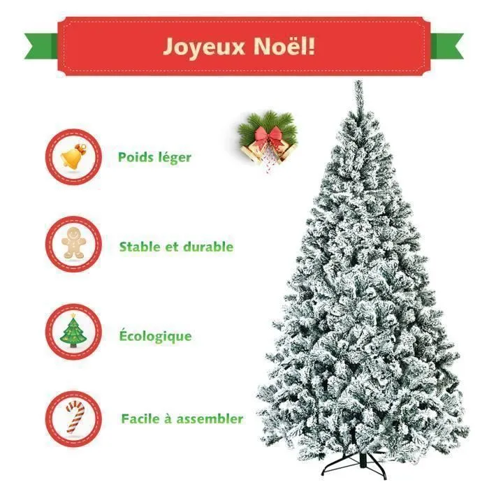 Árbol de Navidad Costway de 225 cm, 1010 ramas con copos de nieve, de PVC, con bisagras y base metálica de 128 cm de diámetro.