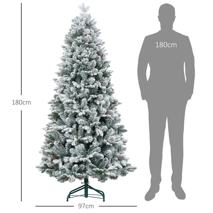 Árbol de Navidad Artificial 180 cm HOMCOM Árbol de Navidad con Soporte Metálico 1489 Ramas Nevadas, Piñas, Verde